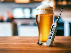 Un verre de bière avec un thermomètre pour apprendre à déguster ces bières à la bonne température