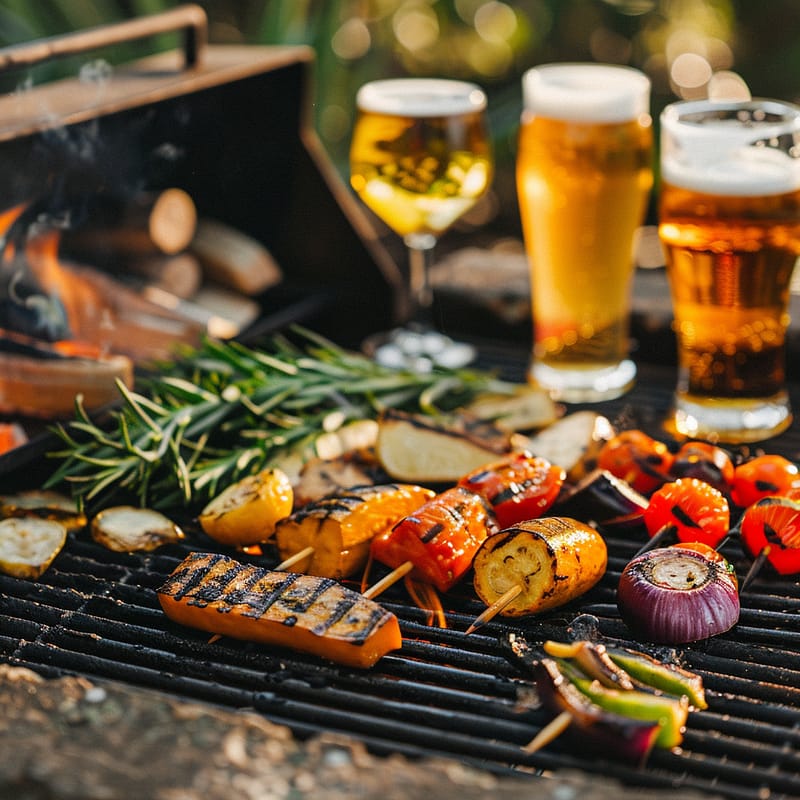 légumes grillés au barbecue avec des bières artisanales