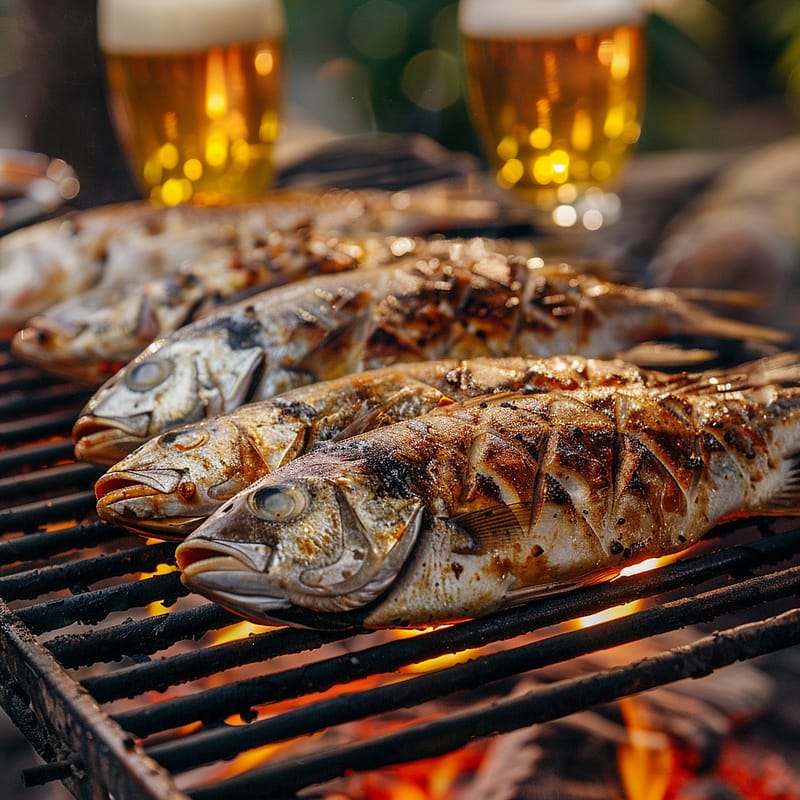 poissons grillés au barbecue et bières blondes artisanales